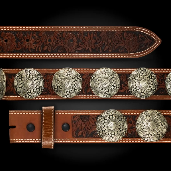 The Silver Birch Concho Leather Belt is made using 16 conchos of your choice, crafted with double-lined top-grain leather for durability and lasting quality.